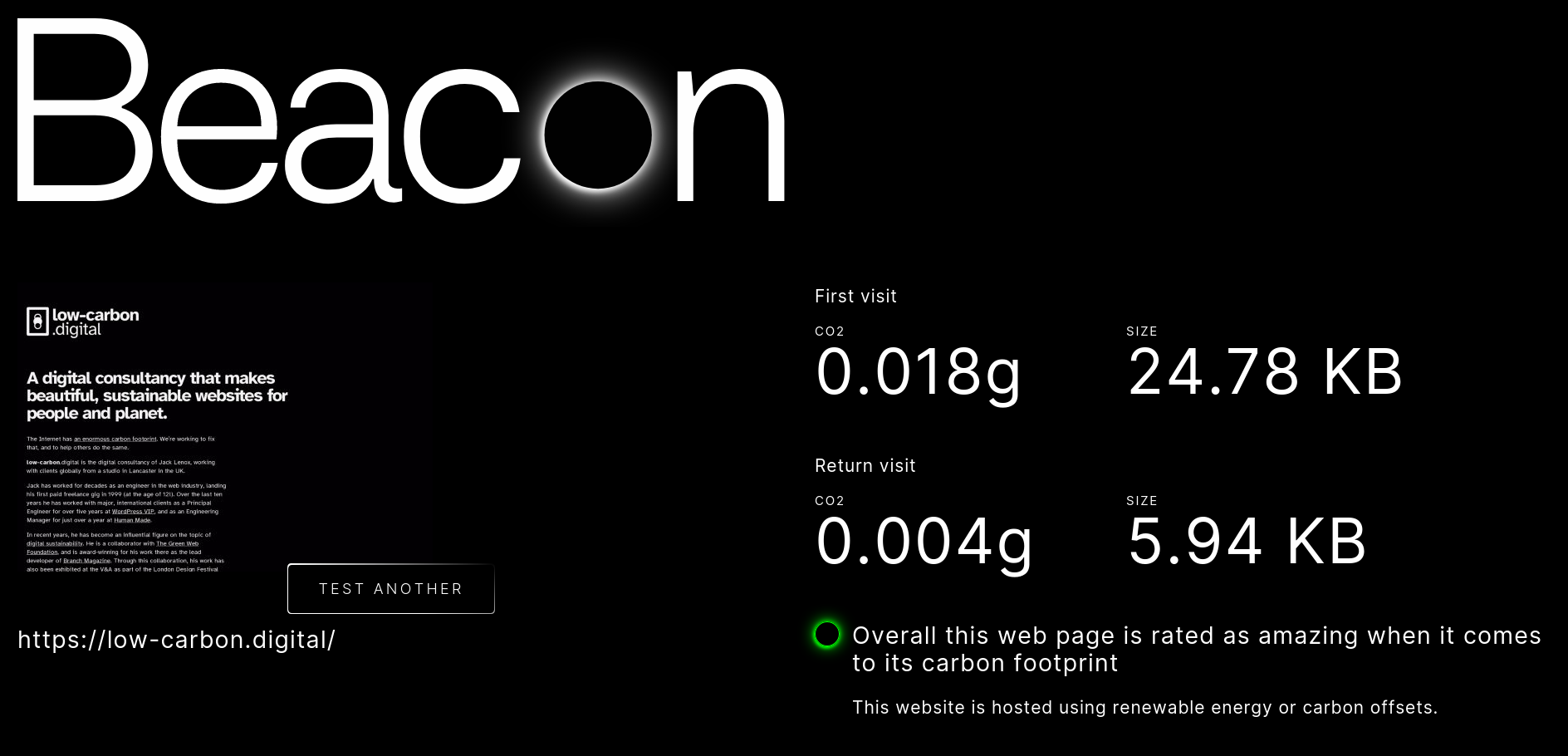 A screenshot of Digital Beacon's top-scoring measurements of the low-carbon.digital website